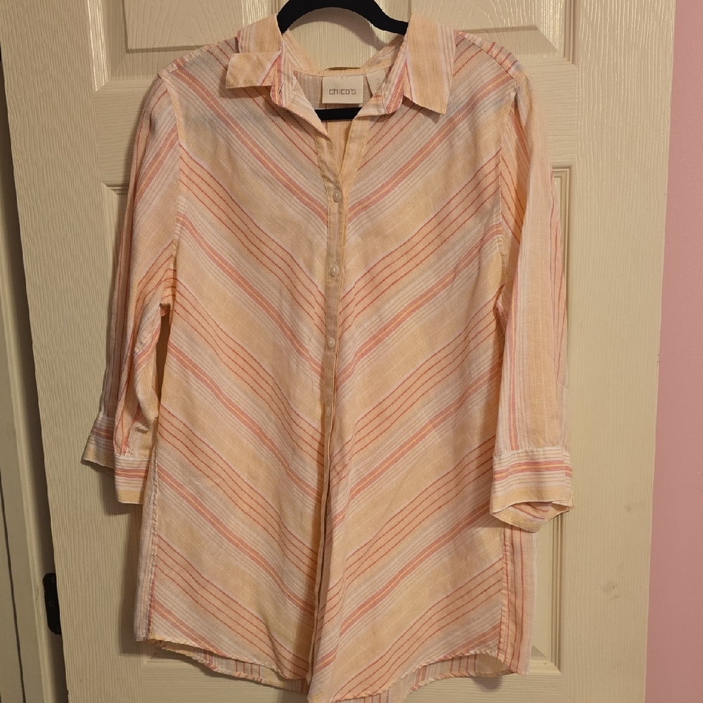 Chico's Women's Button Down‎ Shirt - Peach and Cream Stripes